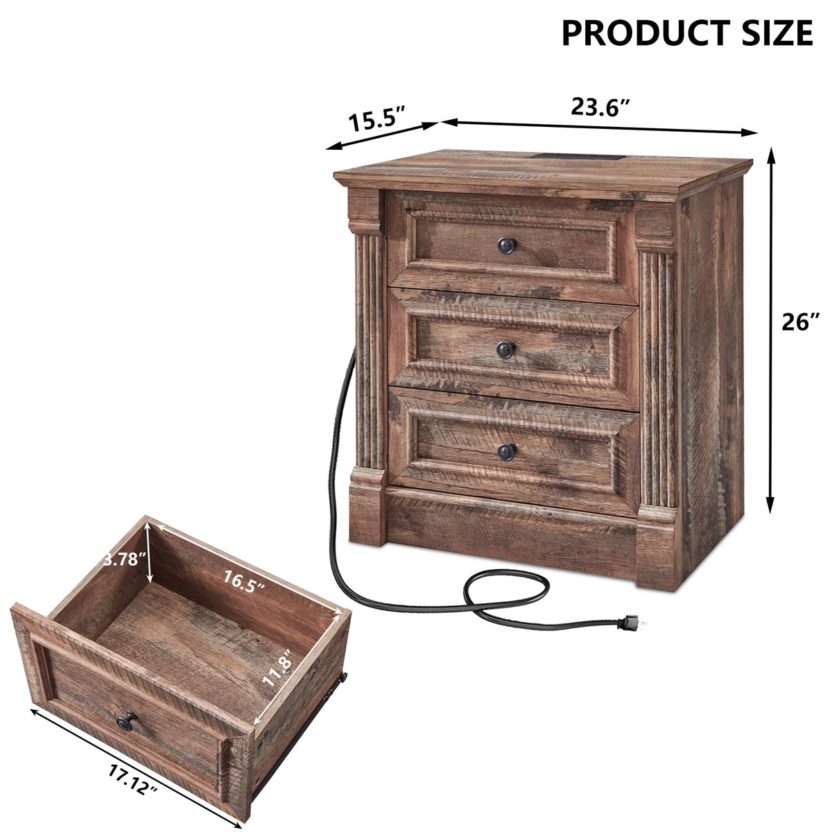 26" Tall 3 Drawer Light Brown Nightstand P96102