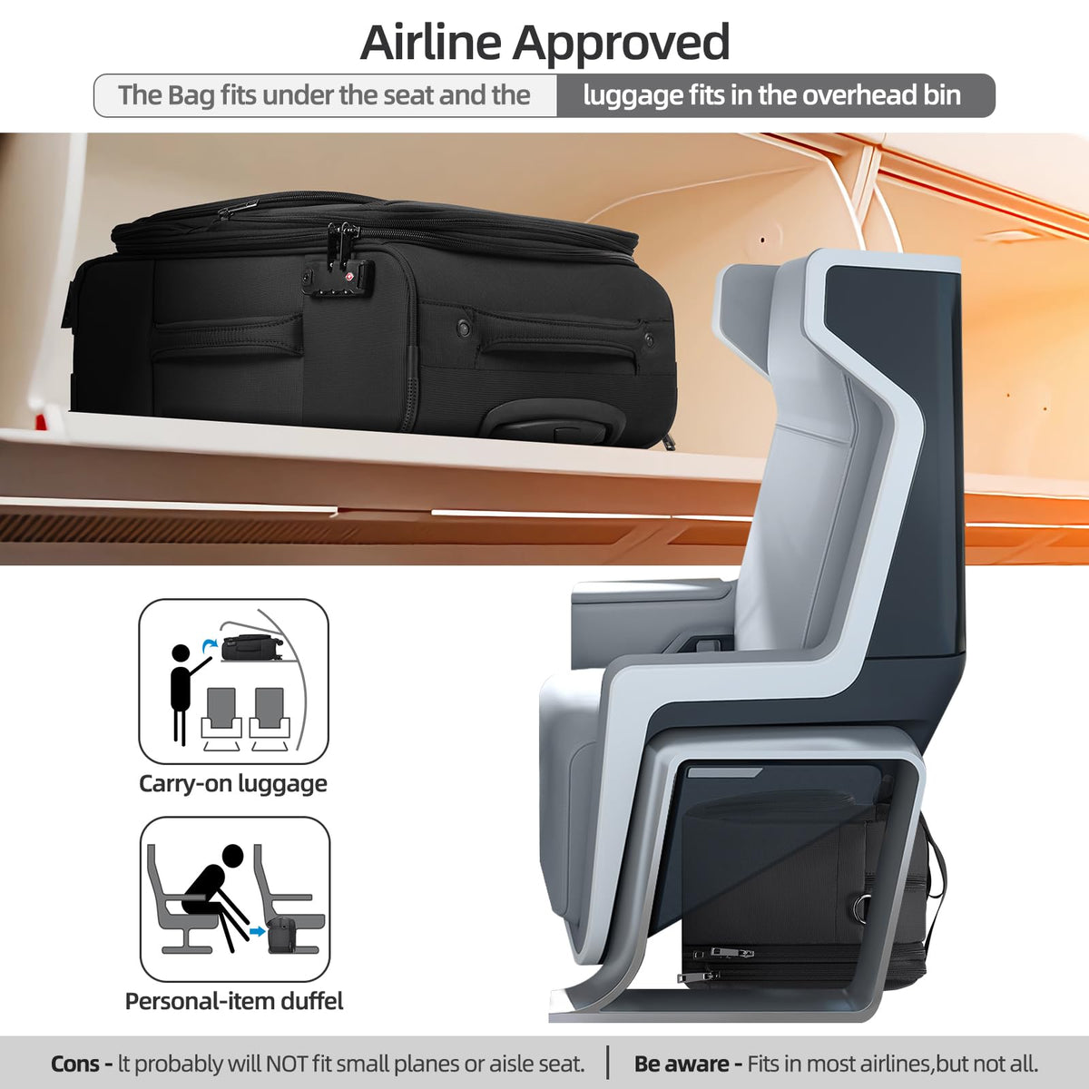 Black Expandable Carry-On Luggage Duffel Bag with Adjustable Strap R303