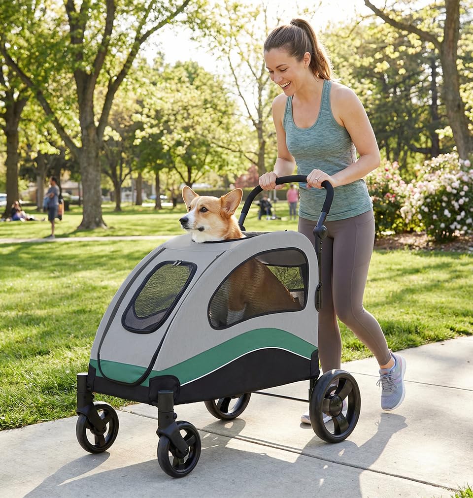 Extra Large Foldable Dog Stroller with Wheels and Brakes C694