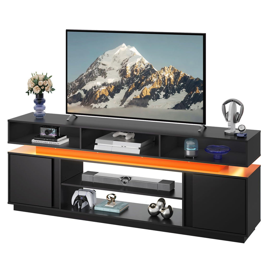 Black 2 Tier TV Stand with RGB LED Lights and Storage Cabinets E7791