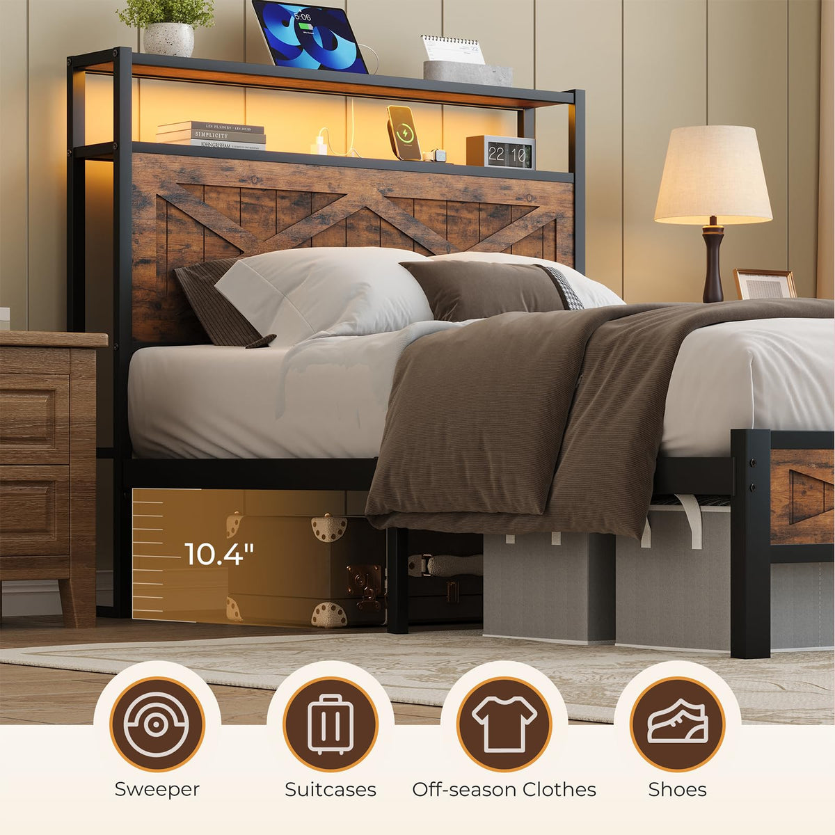 Twin Metal Bed Frame with Storage Headboard E190