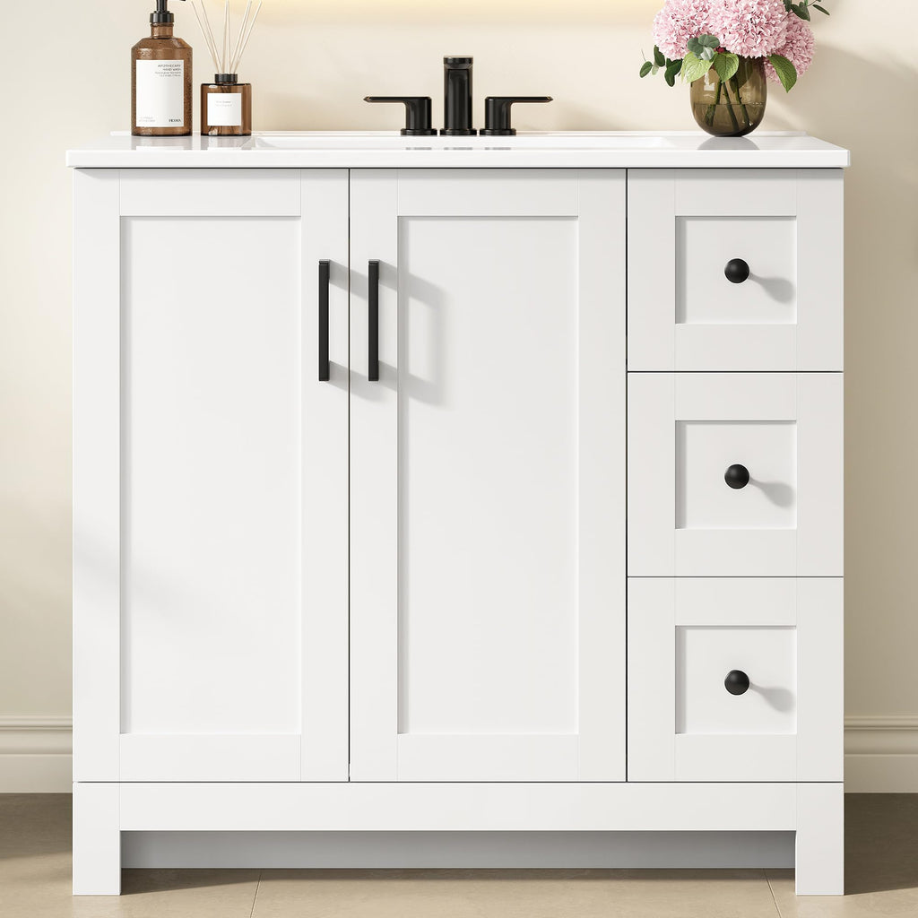 36" White Bathroom Vanity with Sink, 2 Soft-Close Drawers & Doors W307