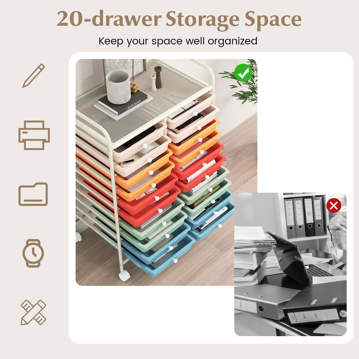 20 Drawer Rolling Storage Cart with Lockable Wheels N49418