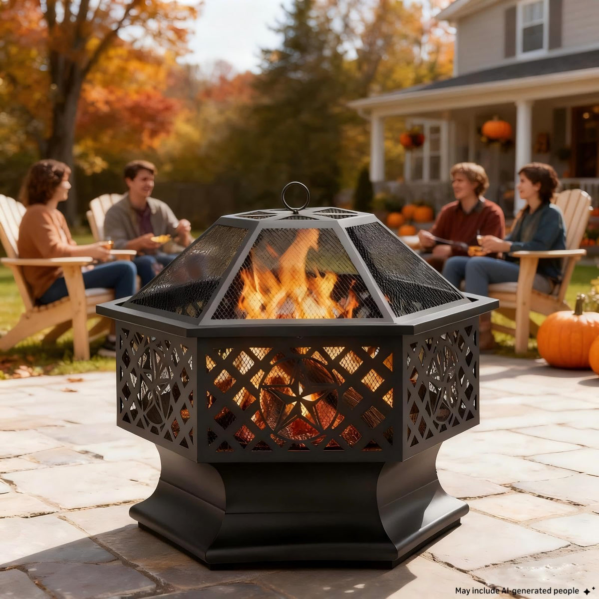 28 Inch Hexagonal Fire Pit with Spark Screen & Fire Poker Black X586