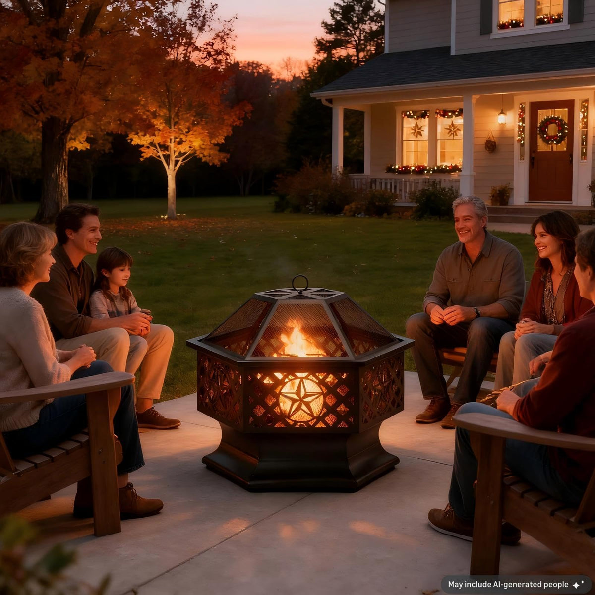 28 Inch Hexagonal Fire Pit with Spark Screen & Fire Poker Black X586