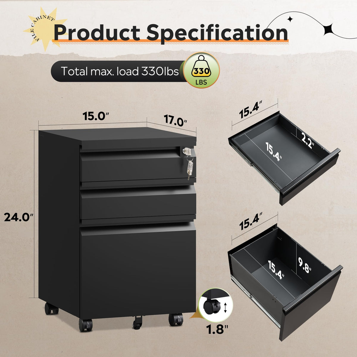 3 Drawer Mobile File Cabinet with Lock U919