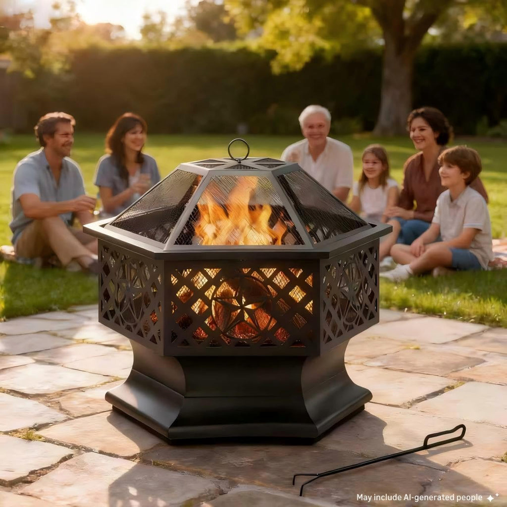28 Inch Hexagonal Fire Pit with Spark Screen & Fire Poker Black X586