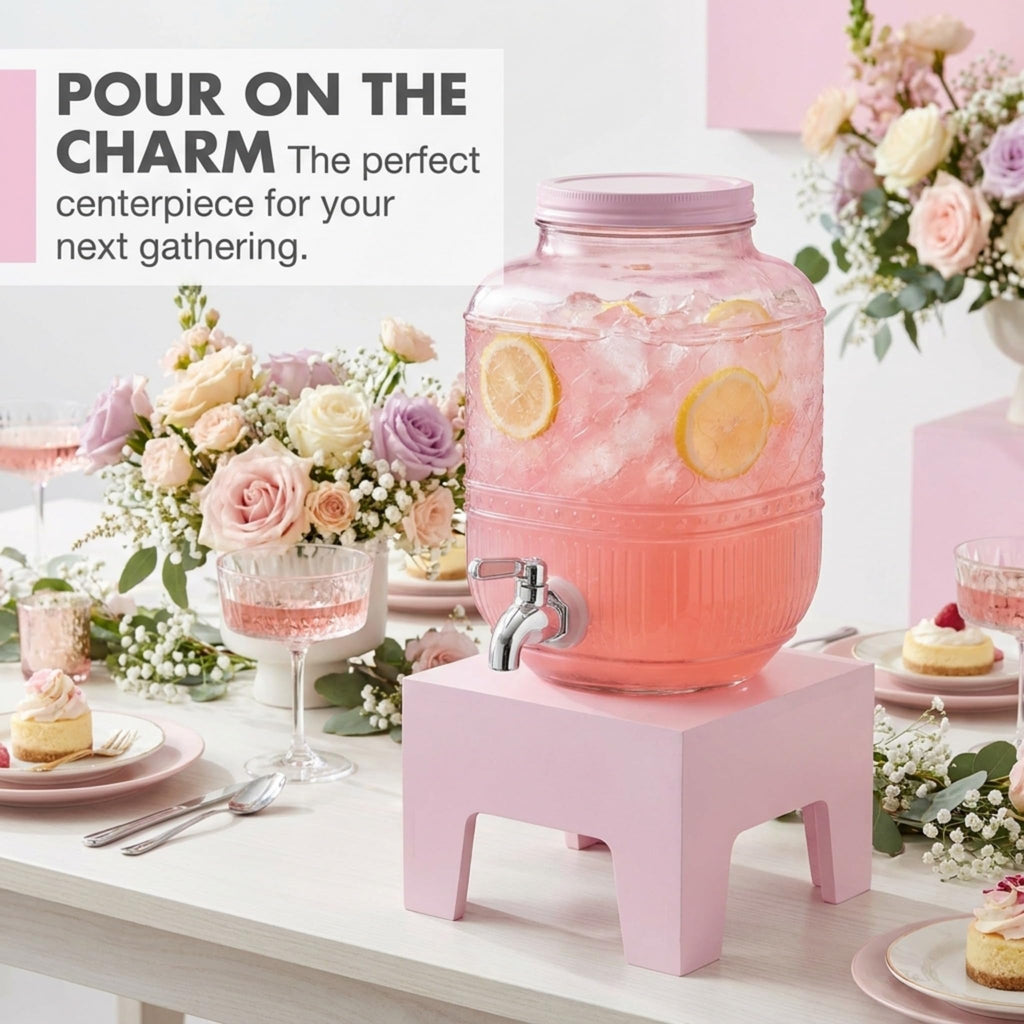 Pink Glass Beverage Dispenser with Wooden Stand, 1 Gallon D89569