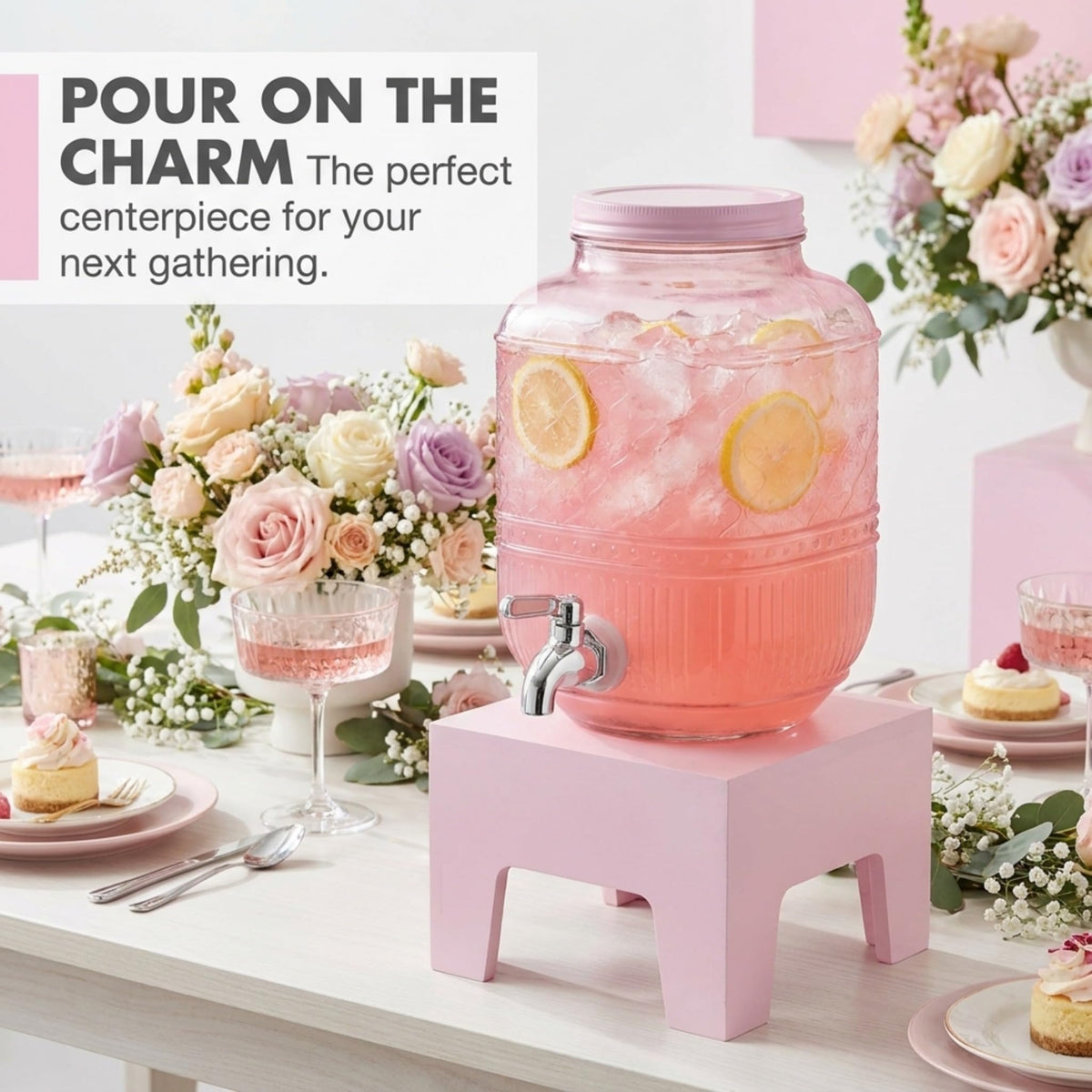 Pink Glass Beverage Dispenser with Wooden Stand, 1 Gallon D89569
