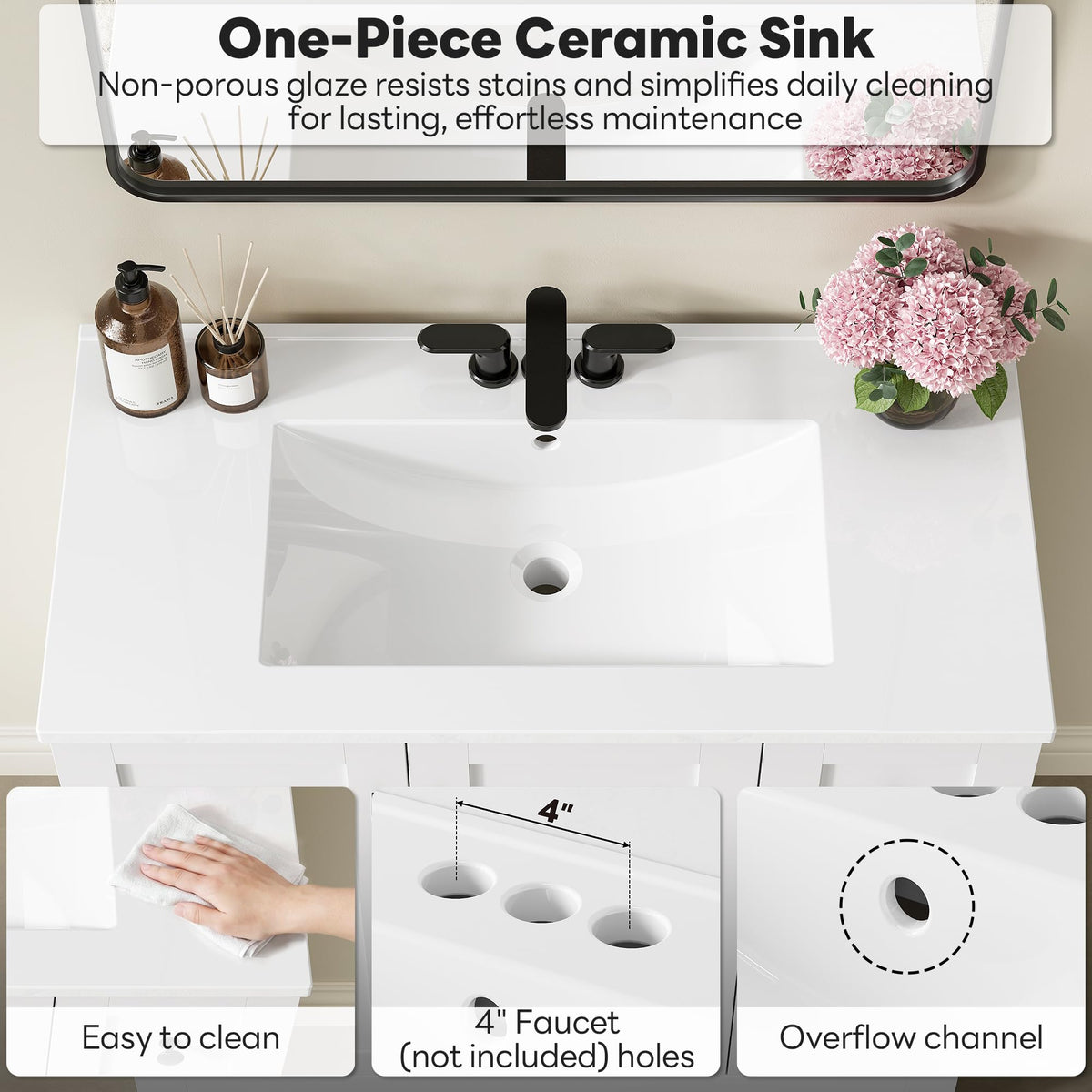36" White Bathroom Vanity with Sink, 2 Soft-Close Drawers & Doors W307