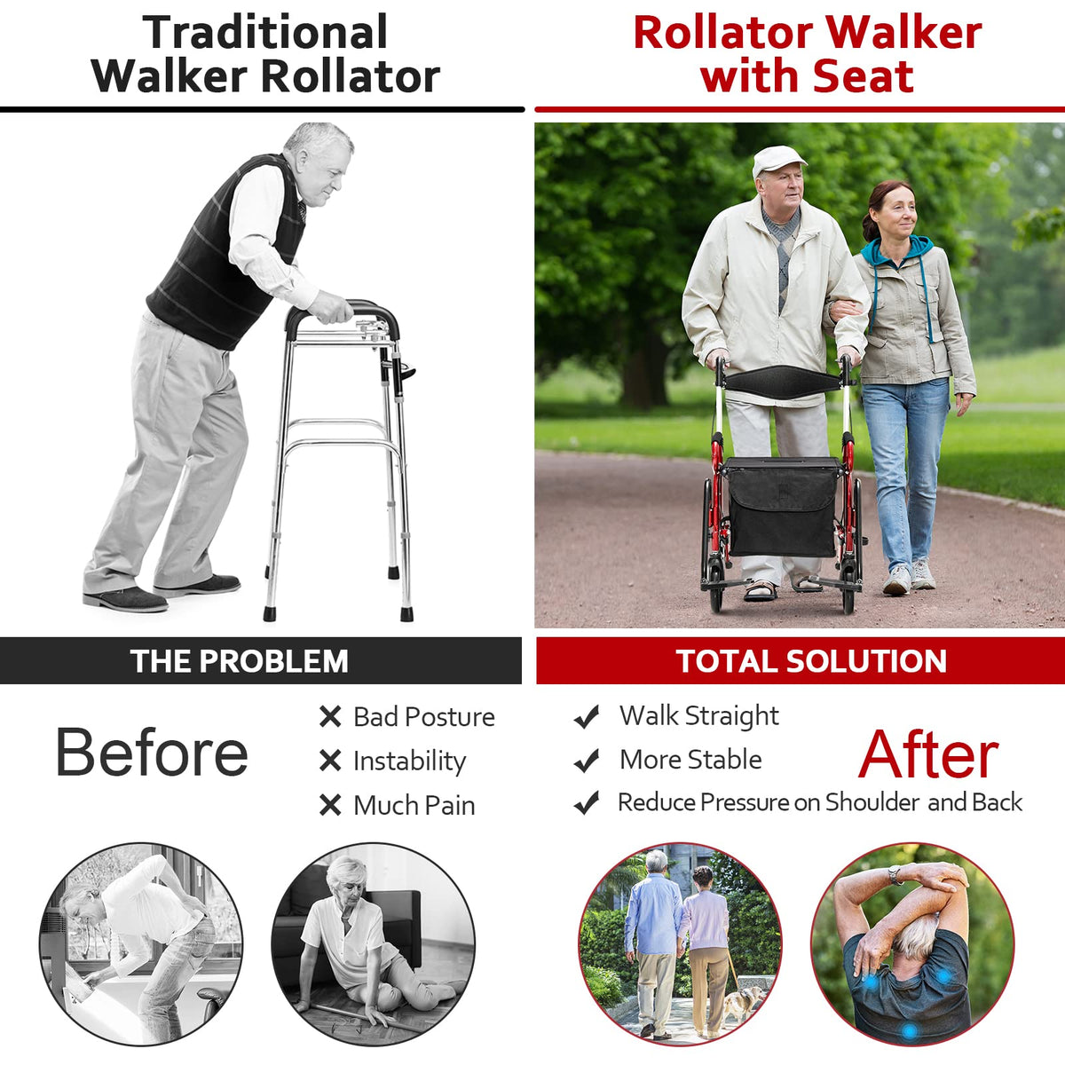 2-in-1 Folding Rollator Walker with Seat, Red S4669