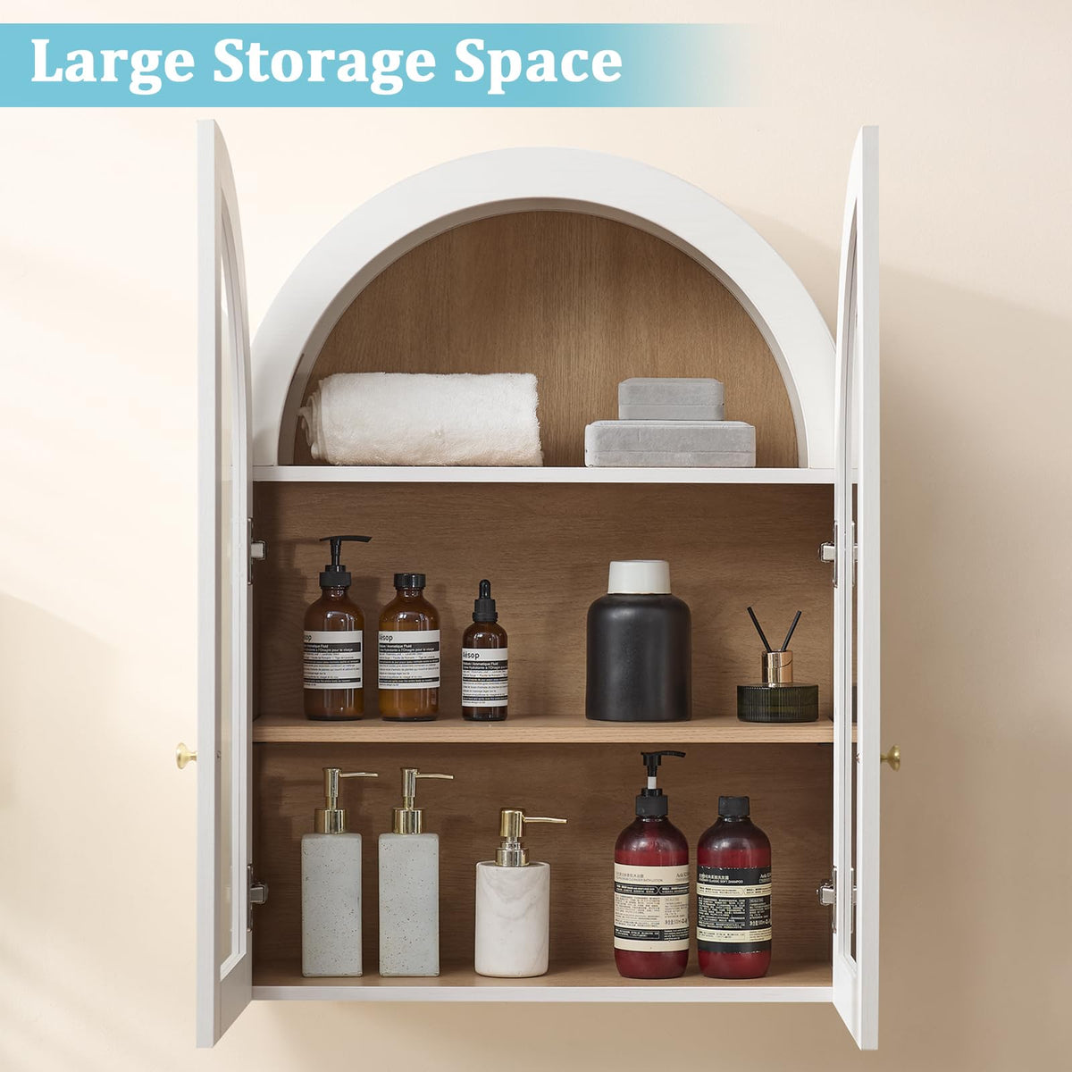 White Arched Wall Mount Bathroom Cabinet with Glass Doors P338