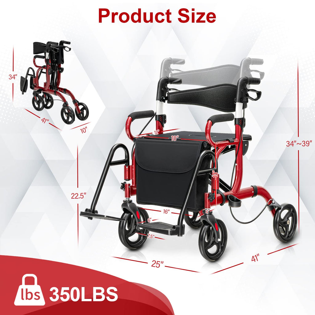 2-in-1 Folding Rollator Walker with Seat, Red S4669