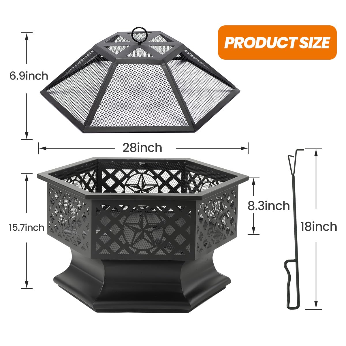 28 Inch Hexagonal Fire Pit with Spark Screen & Fire Poker Black X586