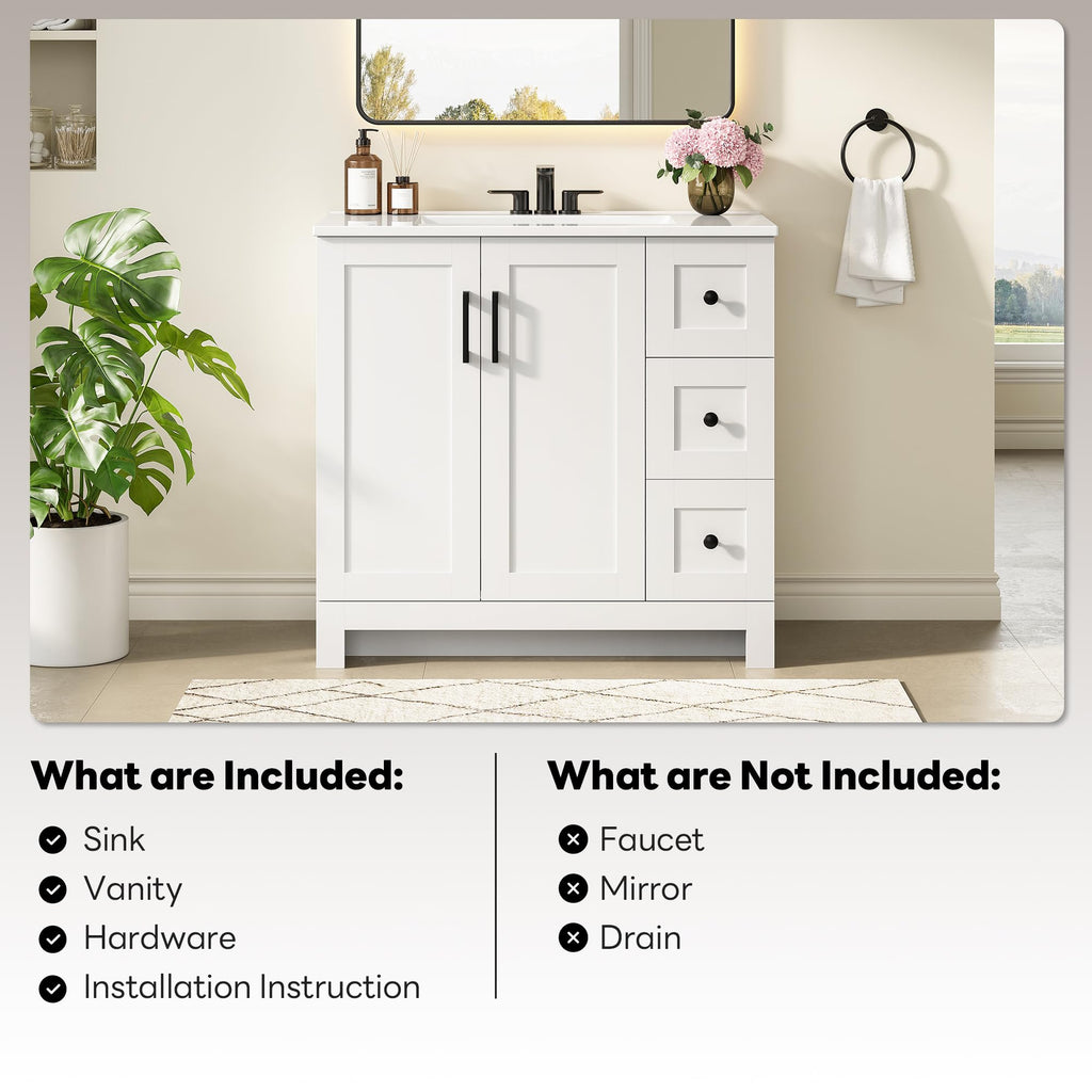 36" White Bathroom Vanity with Sink, 2 Soft-Close Drawers & Doors W307