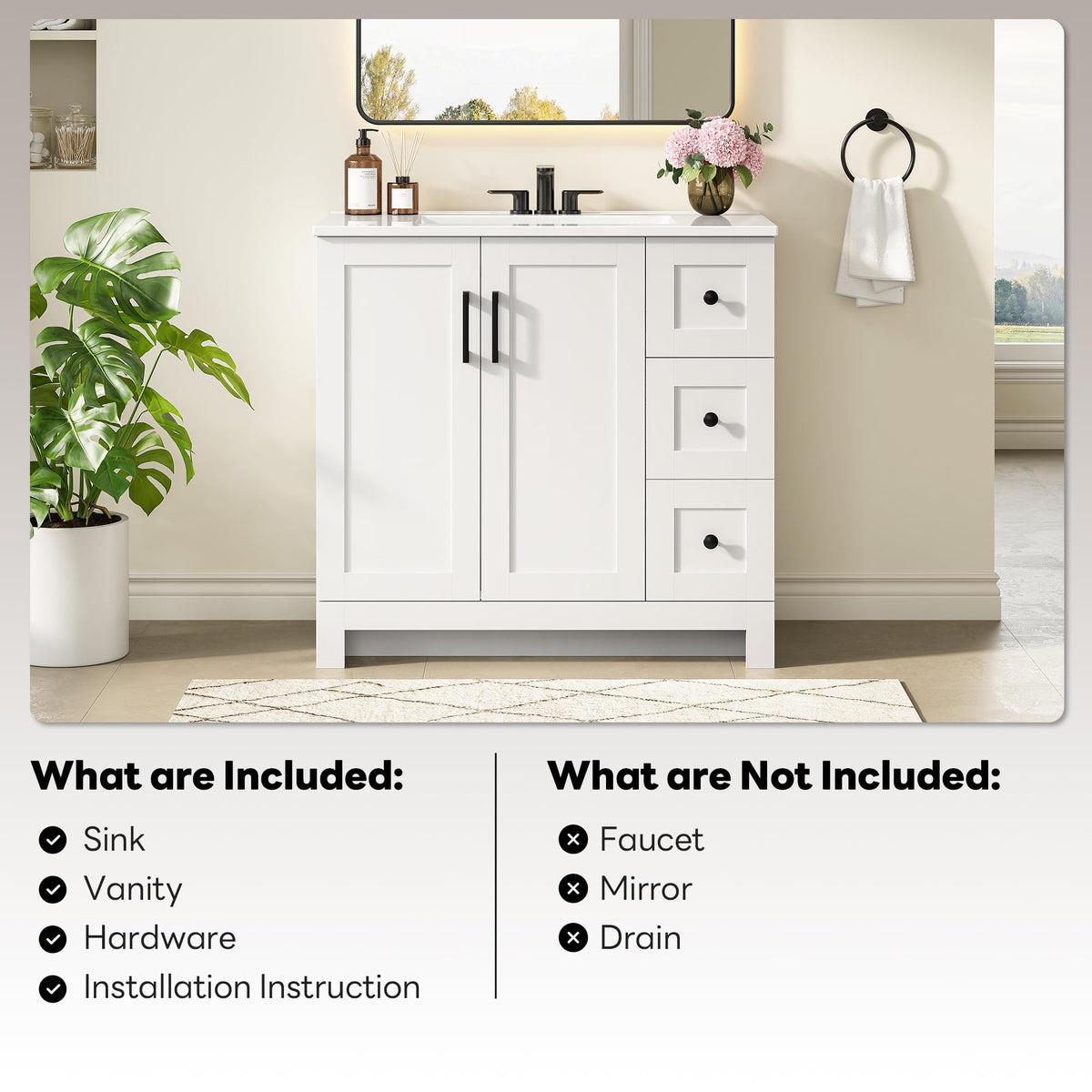 36" White Bathroom Vanity with Sink, 2 Soft-Close Drawers & Doors W307