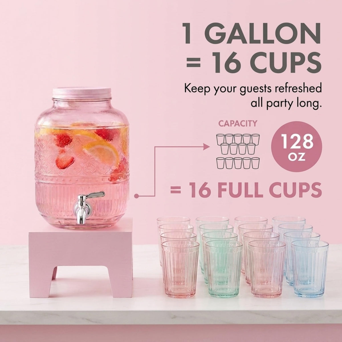 Pink Glass Beverage Dispenser with Wooden Stand, 1 Gallon D89569