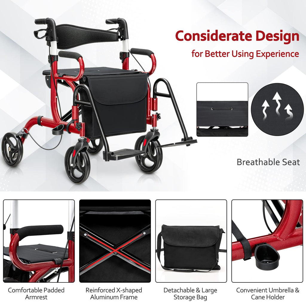 2-in-1 Folding Rollator Walker with Seat, Red S4669