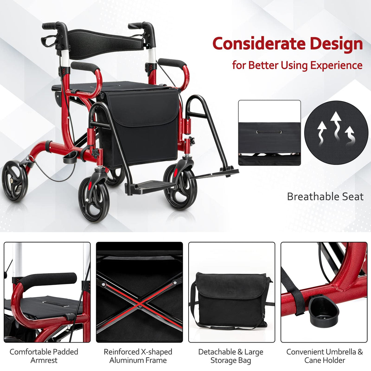 2-in-1 Folding Rollator Walker with Seat, Red S4669