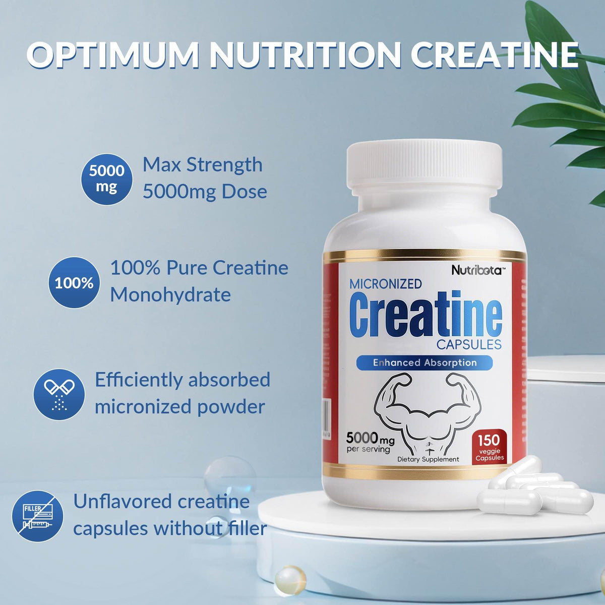 5000mg Micronized Creatine Monohydrate Capsules with Vitamin B12, Vegan, Gluten Free, 150 Count H7441