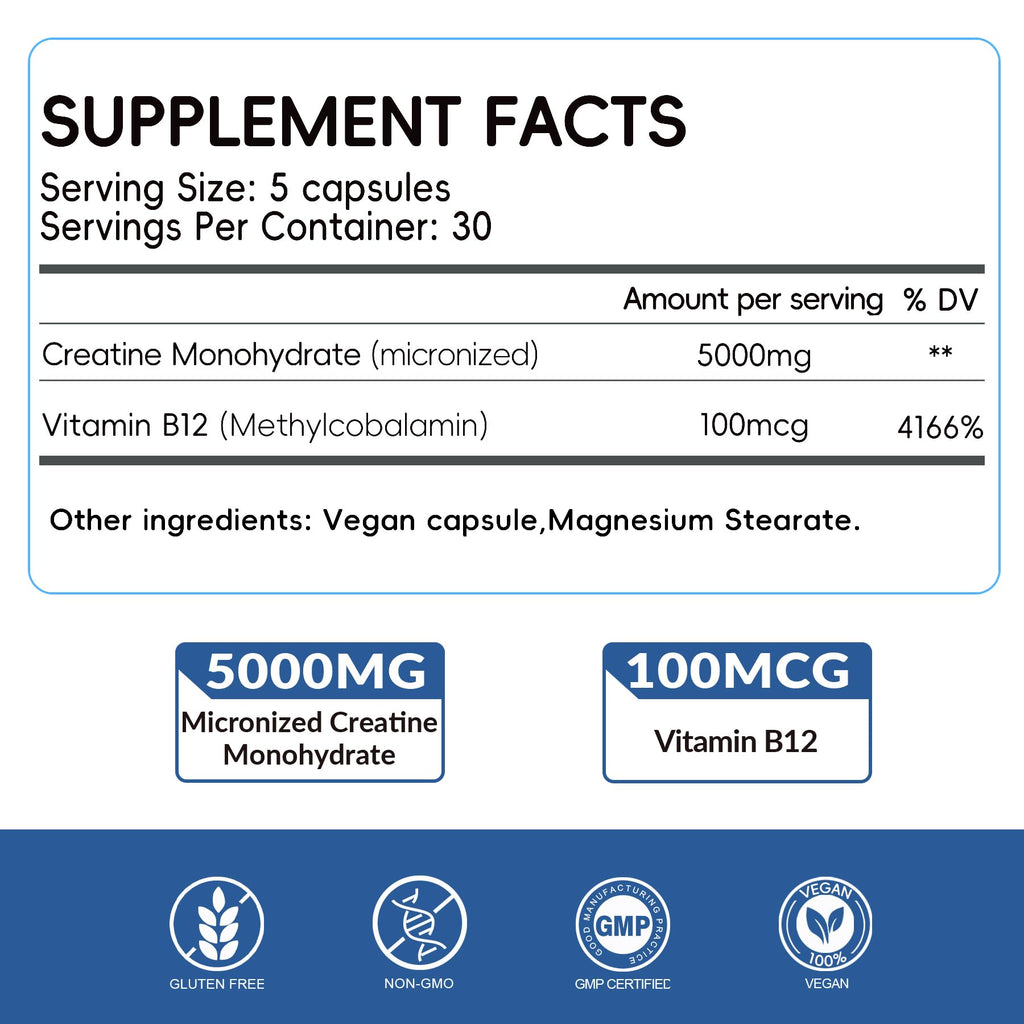 5000mg Micronized Creatine Monohydrate Capsules with Vitamin B12, Vegan, Gluten Free, 150 Count H7441