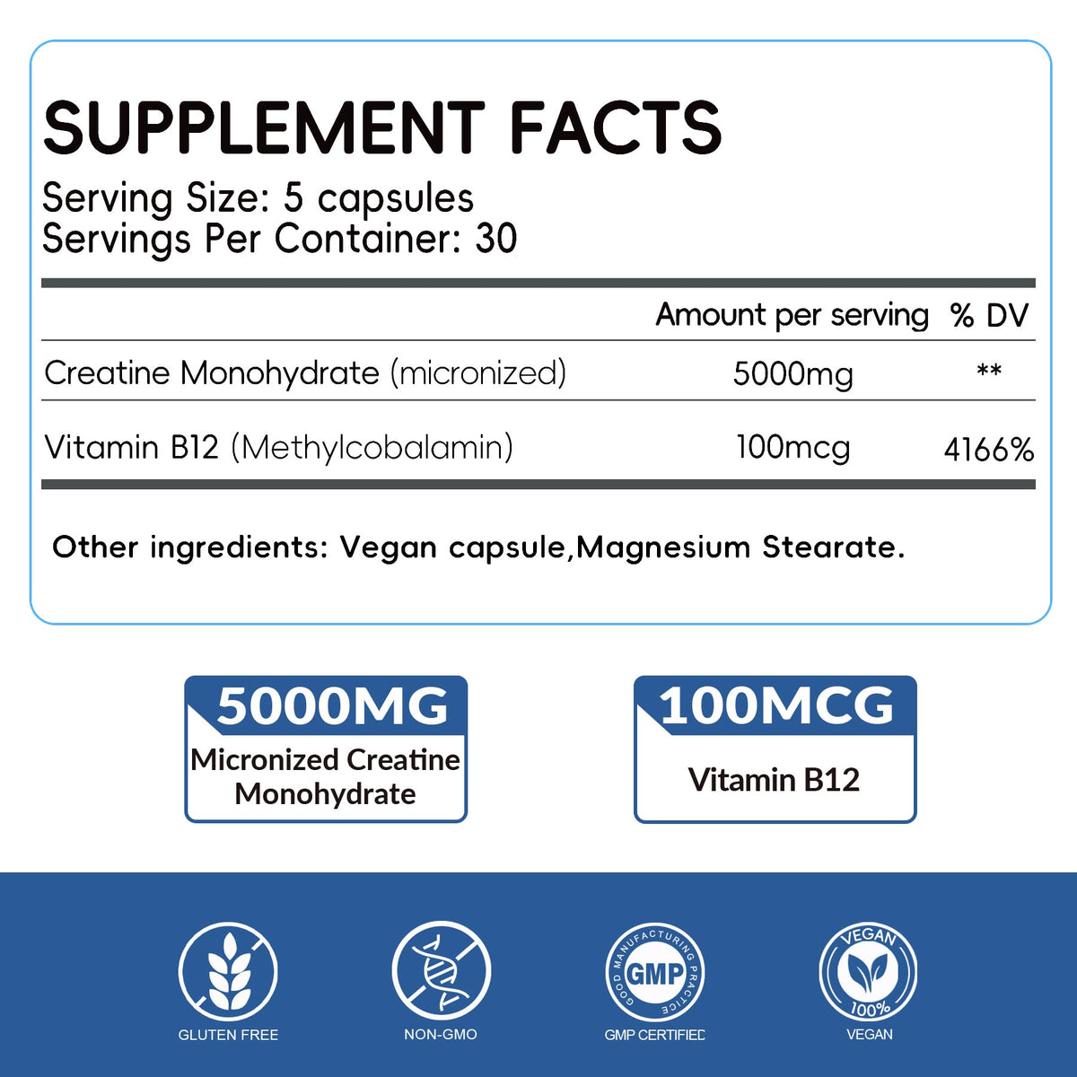 5000mg Micronized Creatine Monohydrate Capsules with Vitamin B12, Vegan, Gluten Free, 150 Count H7441