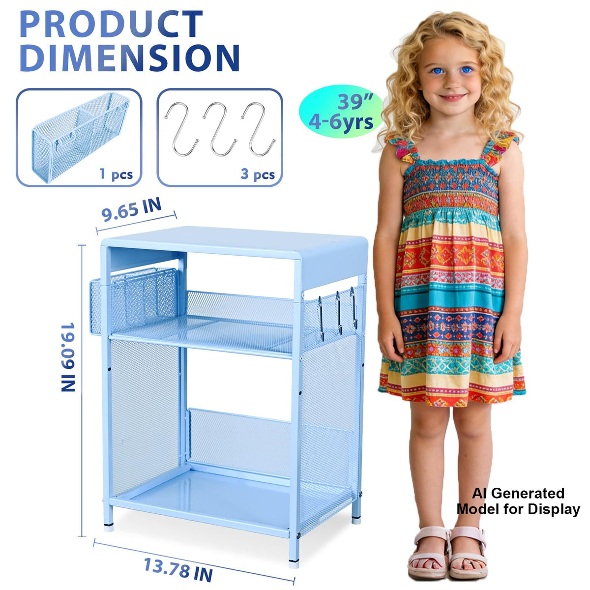 Sky Blue Kids Nightstand with Hooks and Holder C133