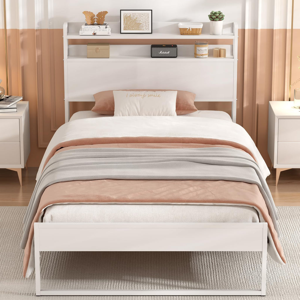 White Metal Twin Bed Frame with 2-Tier Storage Headboard A275900