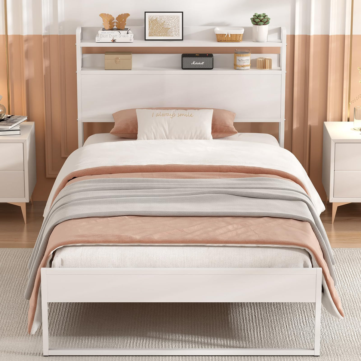 White Metal Twin Bed Frame with 2-Tier Storage Headboard A275900