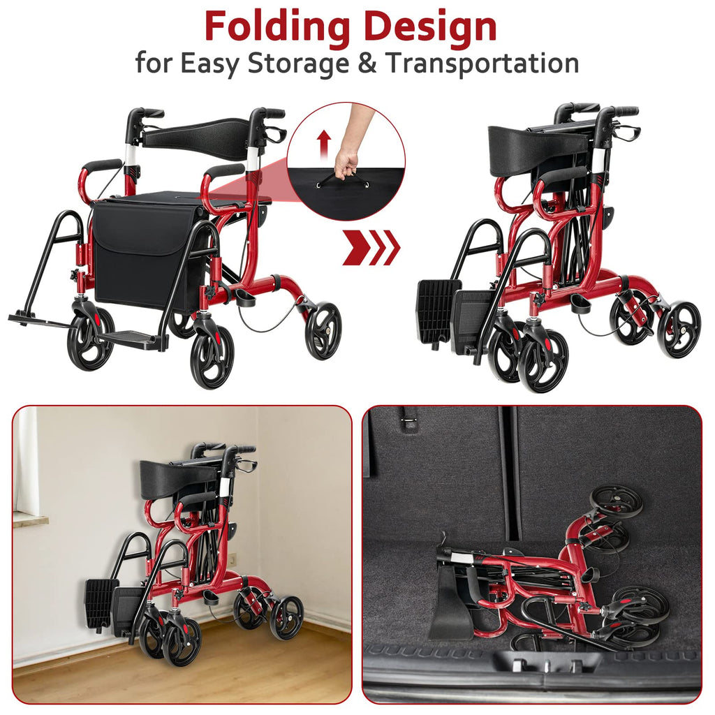 2-in-1 Folding Rollator Walker with Seat, Red S4669