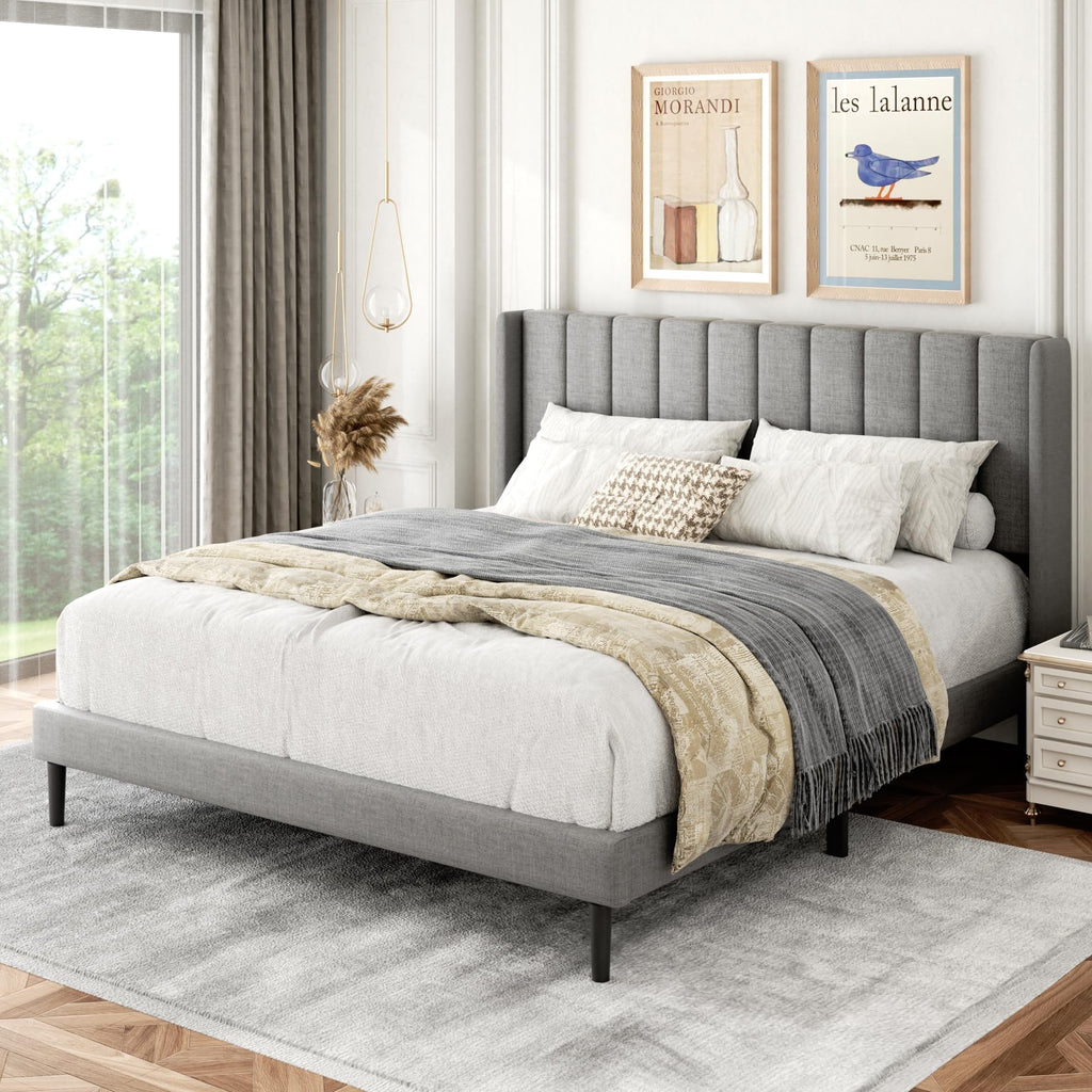 Queen Size Upholstered Platform Bed Frame with Wingback Headboard H485