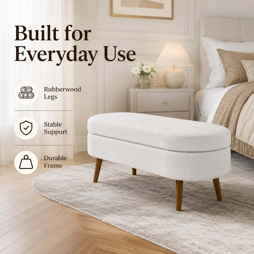 White Oval Storage Ottoman Bench with Rubber Wood Legs M1154