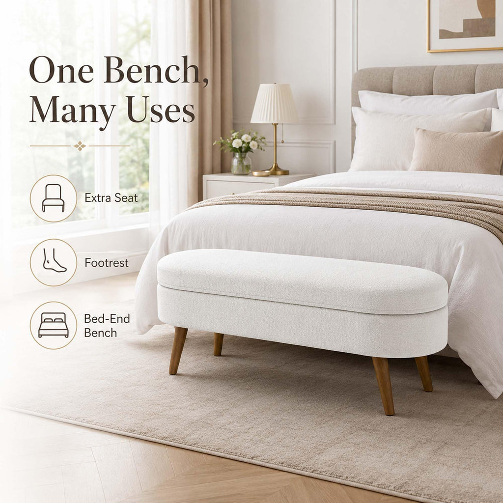 White Oval Storage Ottoman Bench with Rubber Wood Legs M1154