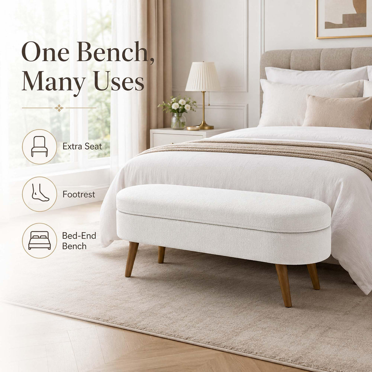White Oval Storage Ottoman Bench with Rubber Wood Legs M1154