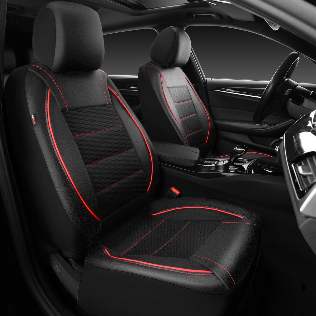 Black Red Faux Leather Front Seat Covers U712