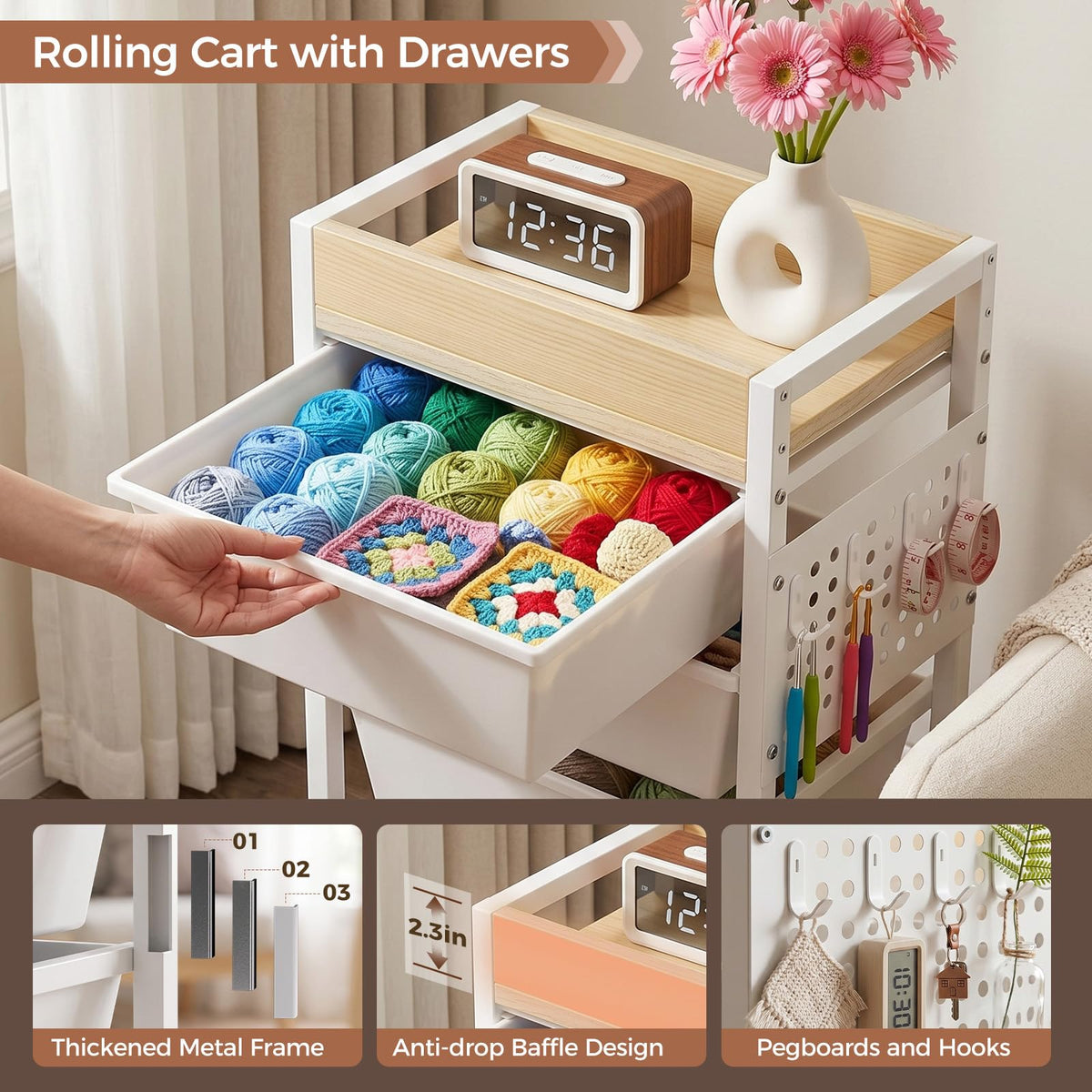 5 Tier Rolling Cart with Drawers, White I617
