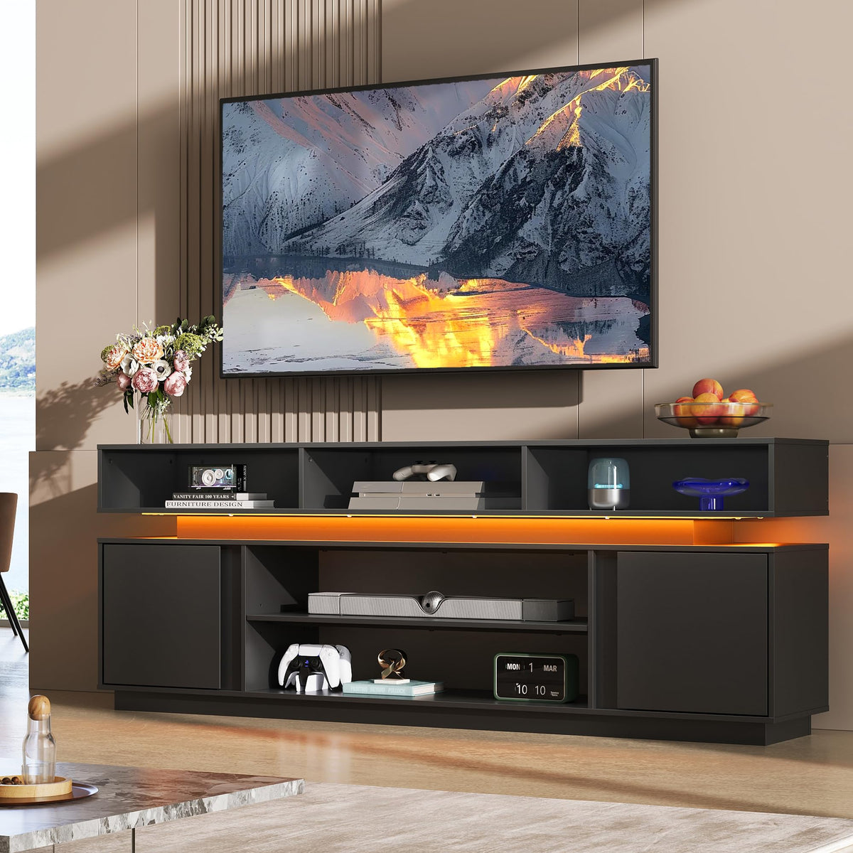 Black 2 Tier TV Stand with RGB LED Lights and Storage Cabinets E7791