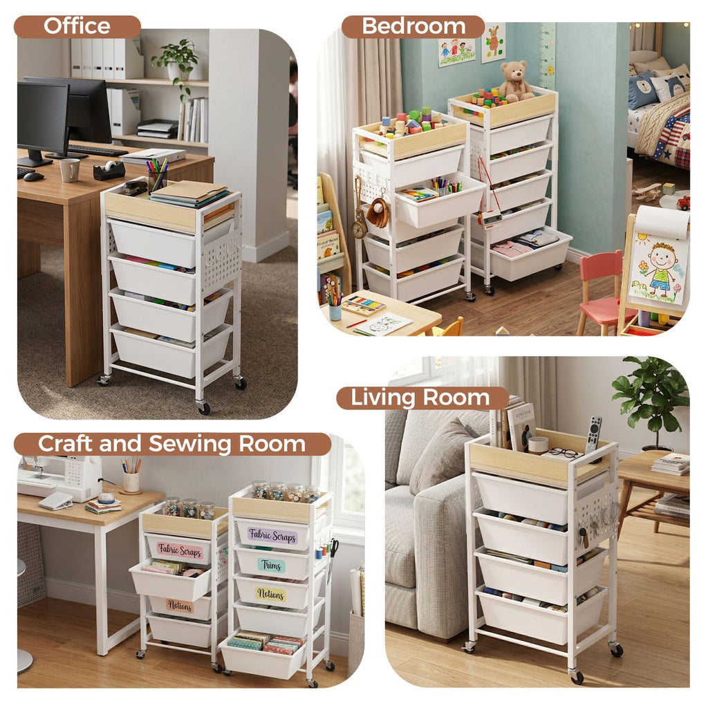 5 Tier Rolling Cart with Drawers, White I617
