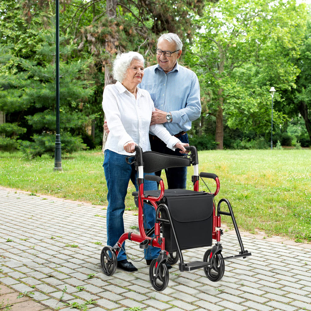 2-in-1 Folding Rollator Walker with Seat, Red S4669