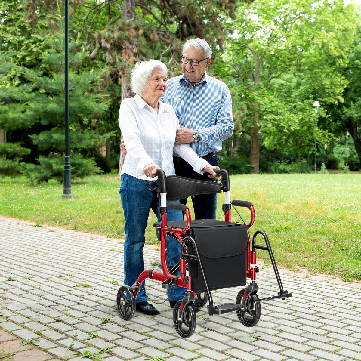 2-in-1 Folding Rollator Walker with Seat, Red S4669