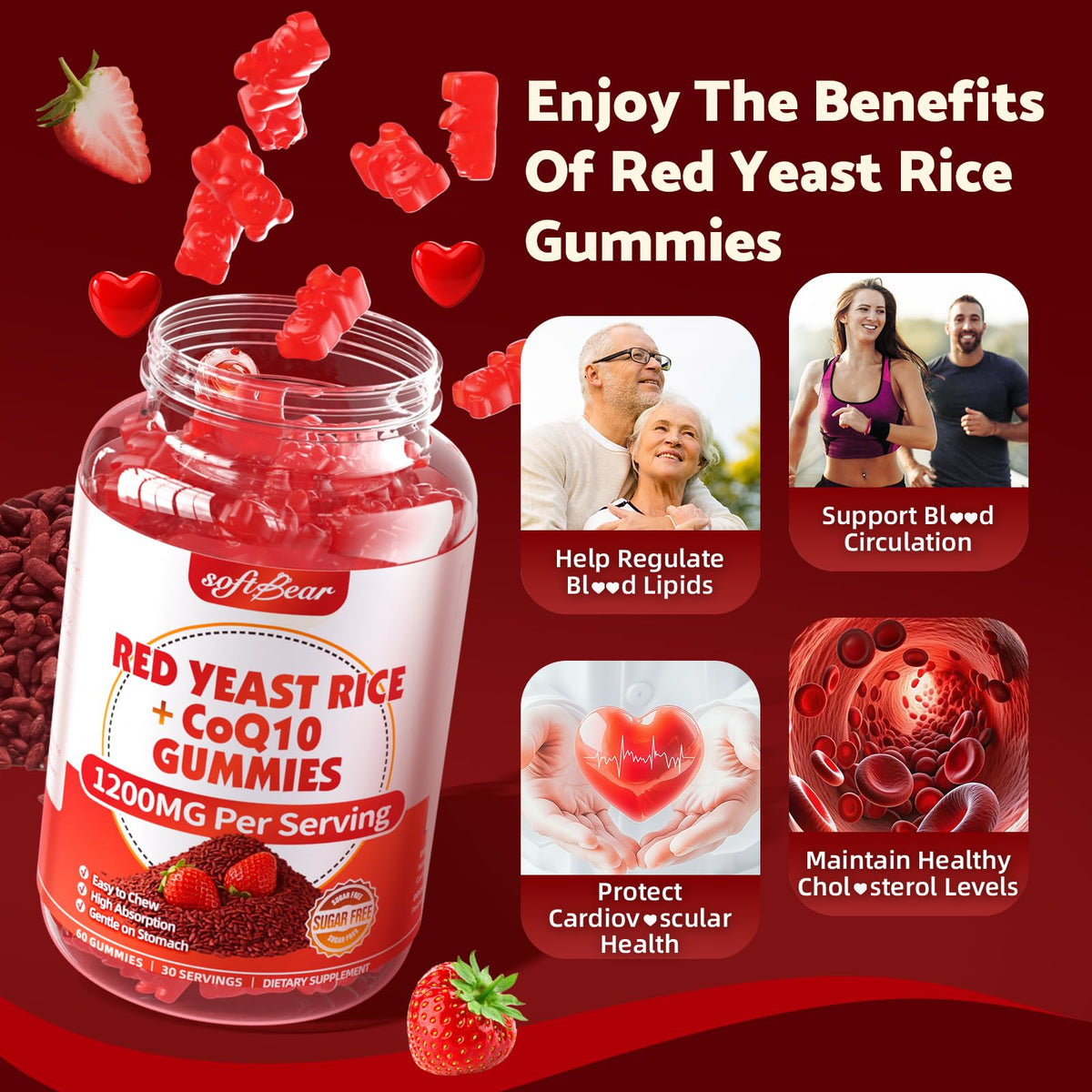 Sugar Free Red Yeast Rice with CoQ10 1200mg Strawberry Flavor 120 Count T29456