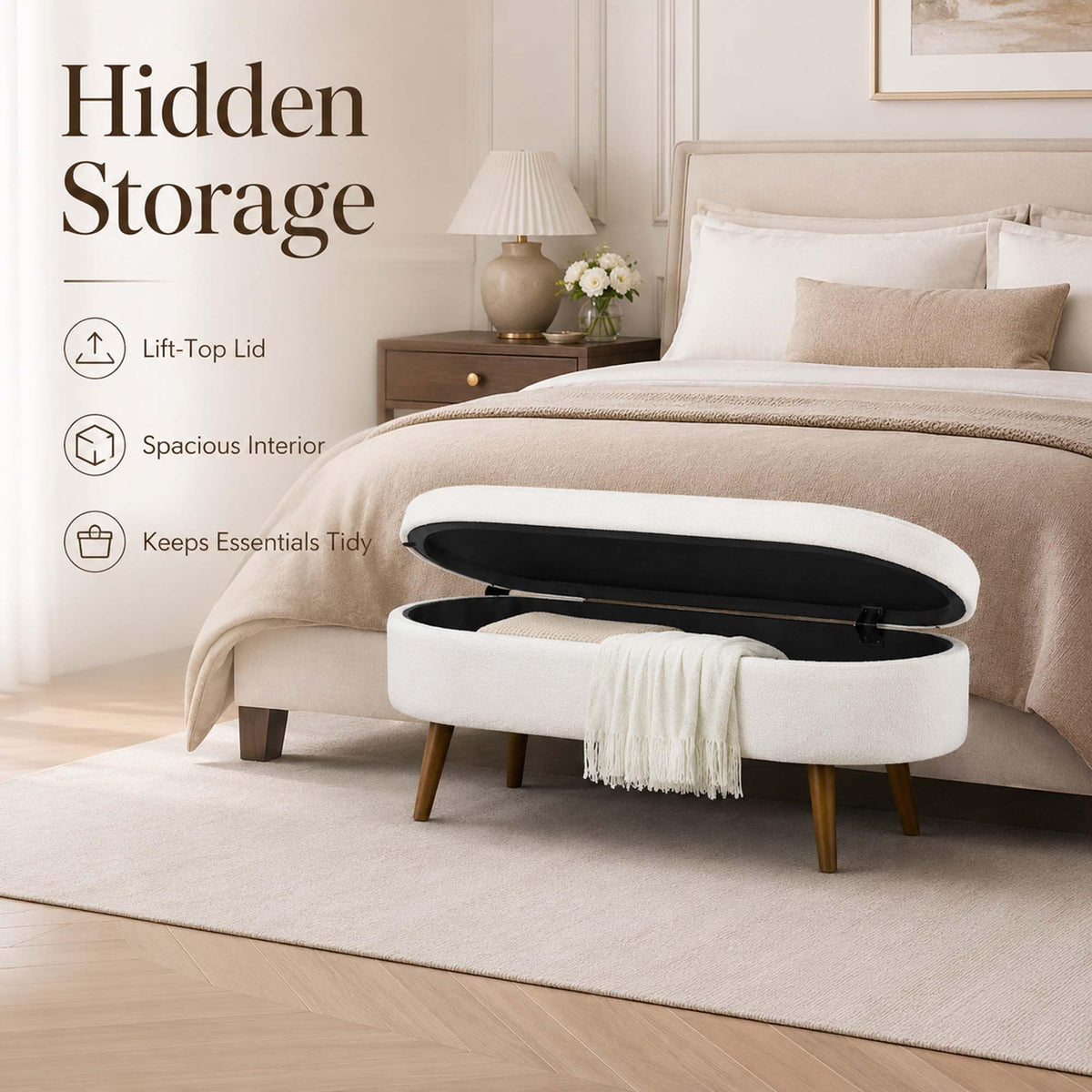 White Oval Storage Ottoman Bench with Rubber Wood Legs M1154