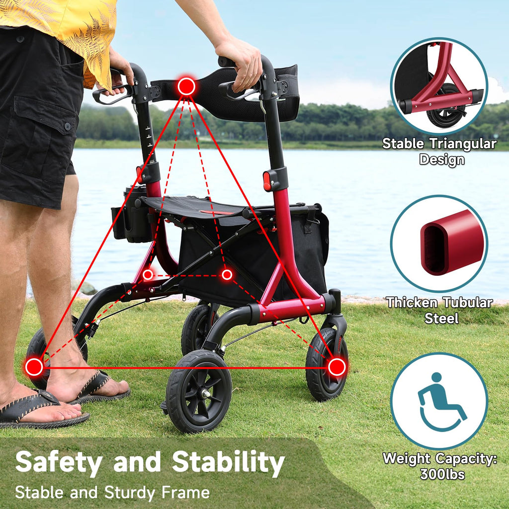 Red Foldable Rollator Walker with Seat, 8" Rubber Wheels and Backrest L571207