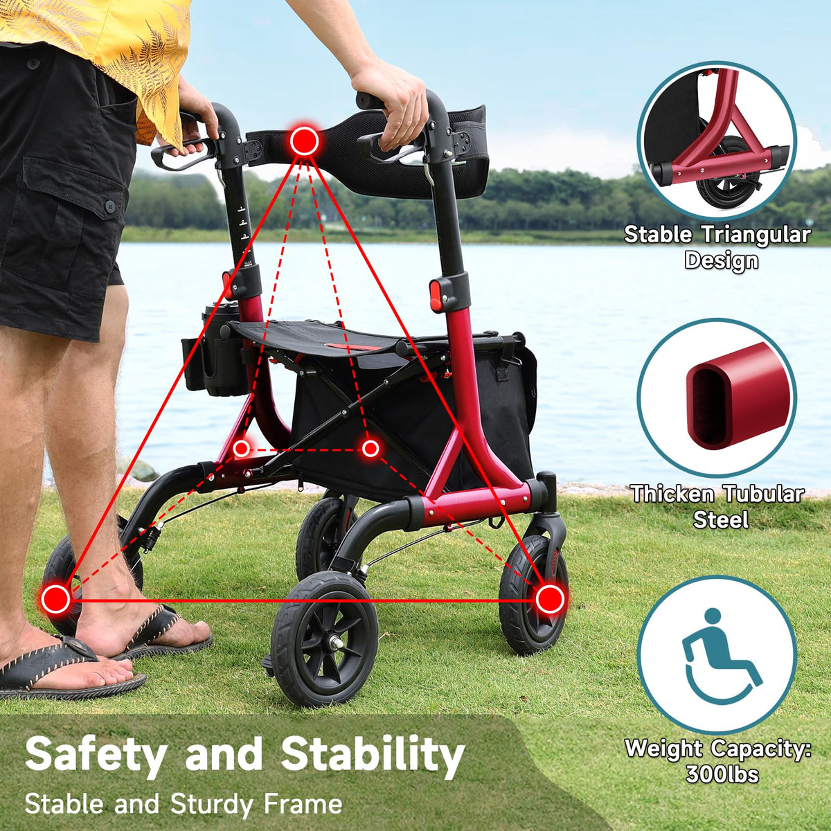 Red Foldable Rollator Walker with Seat, 8" Rubber Wheels and Backrest L571207