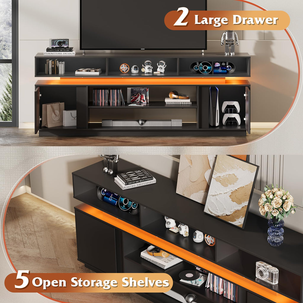 Black 2 Tier TV Stand with RGB LED Lights and Storage Cabinets E7791