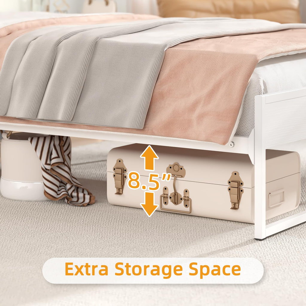 White Metal Twin Bed Frame with 2-Tier Storage Headboard A275900