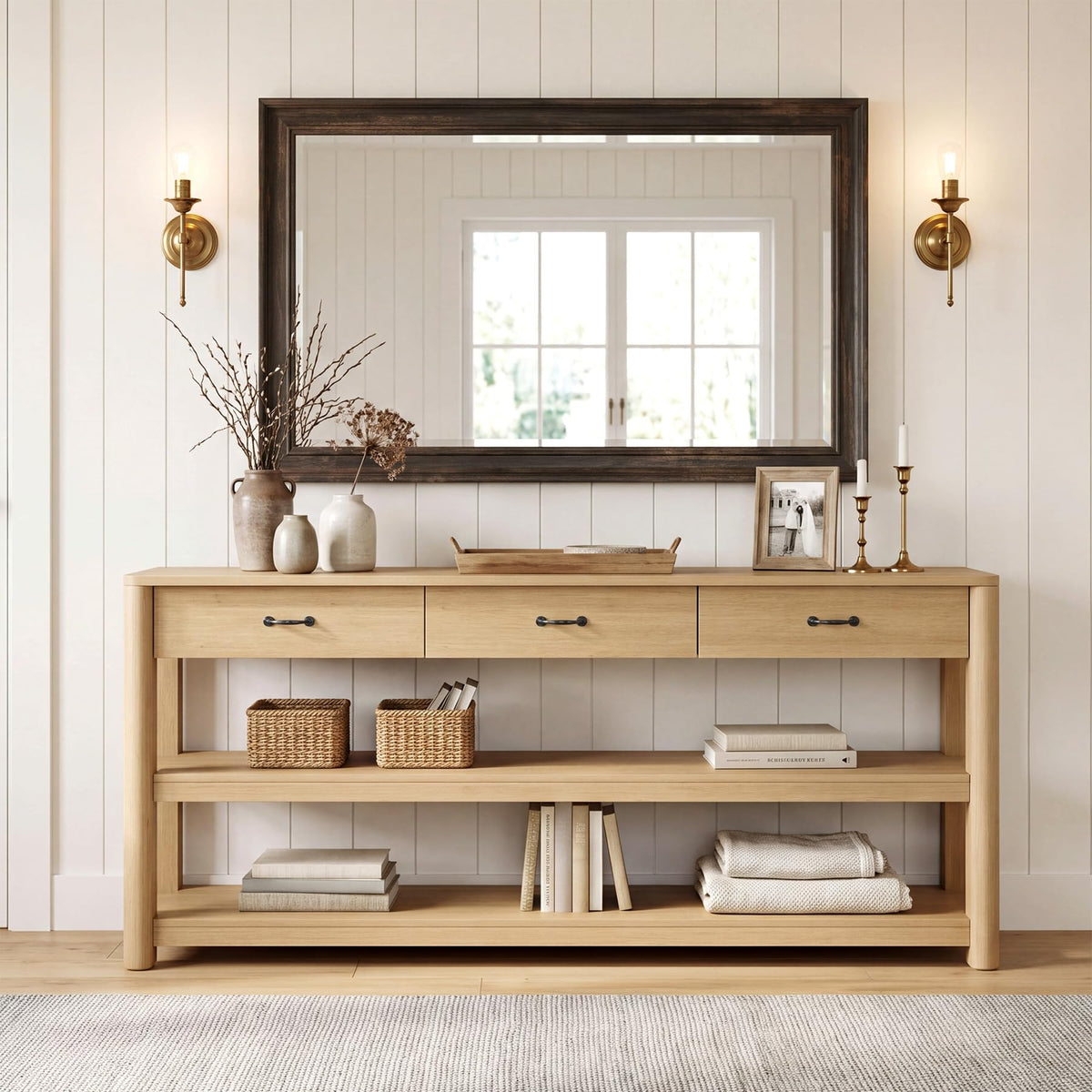 Oak Console Table with Storage Drawers F943259