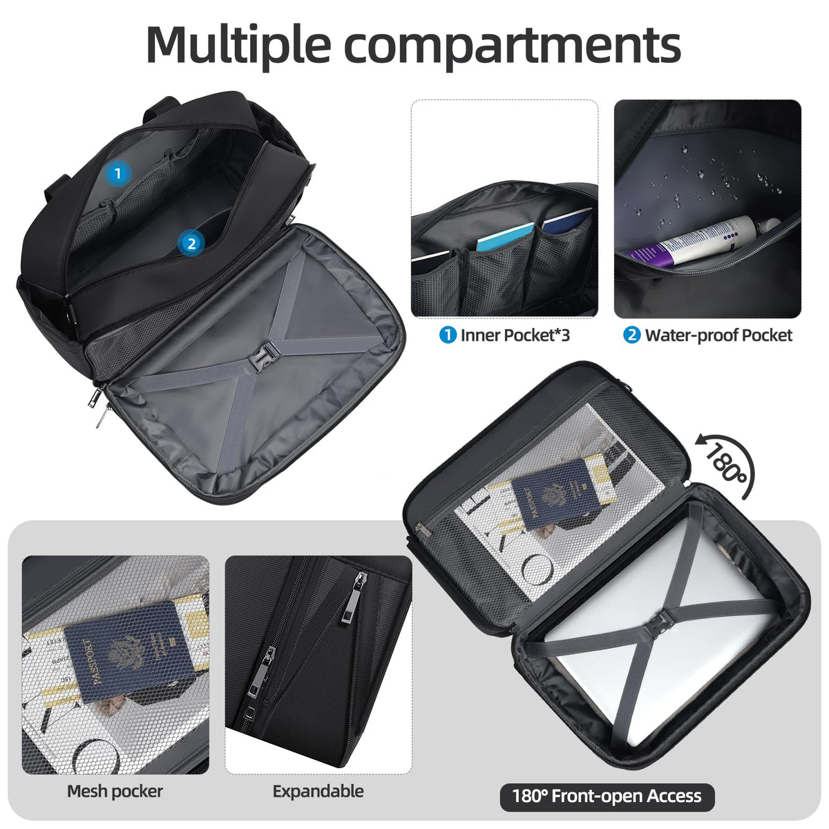 Black Expandable Carry-On Luggage Duffel Bag with Adjustable Strap R303