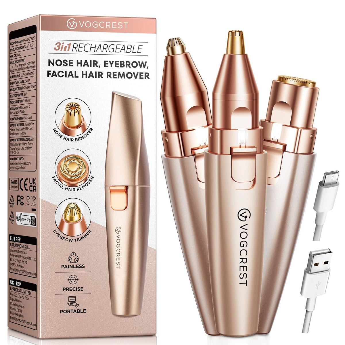 Nose Hair Trimmer 3 in1 Rechargeable Facial Hair Removal & Eyebrow Shaver F882561