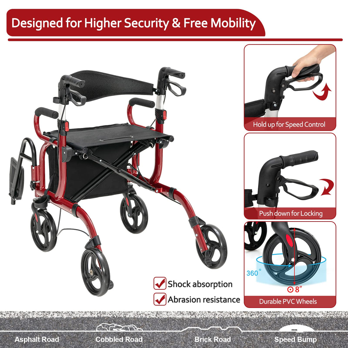 2-in-1 Folding Rollator Walker with Seat, Red S4669